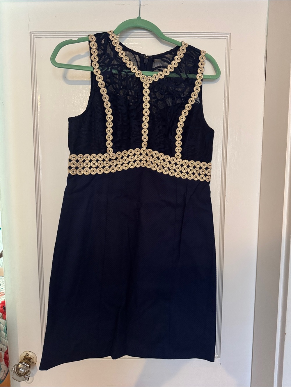 Women’s Navy Dress with Gold Trim - Elegant Sleeveless Design